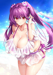 Rule 34 | 1girl, absurdres, beach, bent over, bikini, blue sky, breasts, cleavage, cloud, cloudy sky, collared shirt, day, fate/grand order, fate (series), flower, frilled bikini, frills, hair flower, hair ornament, hand on own chest, highres, huge breasts, large breasts, looking at viewer, ocean, off-shoulder bikini, off shoulder, outdoors, purple bikini, purple hair, red eyes, sand, scathach (fate), scathach skadi (fate), scathach skadi (swimsuit ruler) (fate), scathach skadi (swimsuit ruler) (first ascension) (fate), shiraiwa usagi, shirt, side-tie bikini bottom, sky, smile, solo, swimsuit, thighs, twintails