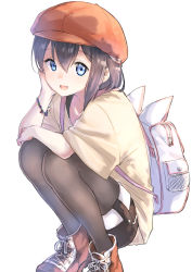 Rule 34 | 1girl, :d, backpack, bag, black hair, blue eyes, blush, boots, bracelet, brown footwear, brown hat, brown pantyhose, brown shorts, cabbie hat, collarbone, commentary request, hair between eyes, hat, highres, jewelry, open mouth, original, pantyhose, shirt, short shorts, short sleeves, shorts, simple background, smile, solo, squatting, suzunari shizuku, underwear, white background, wide sleeves, yellow shirt, yuki arare
