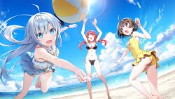 Rule 34 | 3girls, absurdres, ahoge, artist request, ball, bare arms, bare legs, barefoot, beach, beachball, bikini, black bikini, blue bikini, blue eyes, blue sky, breasts, brown eyes, brown hair, casual one-piece swimsuit, character request, cleavage, collarbone, copyright request, day, fang, floating hair, frilled bikini, frills, game cg, hair intakes, hair ornament, highres, jumping, lens flare, long hair, medium breasts, multiple girls, ocean, one-piece swimsuit, open mouth, outdoors, polka dot, polka dot bikini, red eyes, red hair, ribbon, short hair, side-tie bikini bottom, skin fang, sky, standing, swimsuit, twintails, white hair, white ribbon, yellow one-piece swimsuit