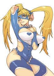 Rule 34 | 1990s (style), 1girl, absurdres, blonde hair, blue eyes, breasts, butcherboy, capcom, cleavage, heart, highres, huge breasts, leotard, mask, rainbow mika, solo, street fighter, street fighter zero (series)