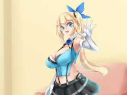 Rule 34 | 1girl, bare shoulders, blonde hair, blue eyes, breasts, cleavage, elbow gloves, gloves, hair ornament, large breasts, long hair, looking at viewer, midriff, mirai akari, mirai akari project, mitsuru (madeinore), open mouth, pleated skirt, side ponytail, simple background, skirt, sleeveless, smile, solo, tongue, white gloves, yellow background