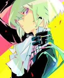 Rule 34 | 1boy, ascot, black jacket, close-up, earrings, gloves, green hair, ichinose777, jacket, jewelry, lio fotia, looking at viewer, male focus, portrait, promare, purple eyes, solo