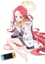 Rule 34 | 1girl, absurdres, barefoot, blue archive, blush, closed mouth, halo, handheld game console, highres, jacket, long hair, long sleeves, purple eyes, red hair, skirt, solo, wako (1194433260), white background, white jacket, yellow halo, yuzu (blue archive)