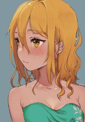 Rule 34 | 1girl, artist name, bare shoulders, blush, collarbone, curly hair, hair between eyes, highres, long hair, looking to the side, orange eyes, orange hair, solo, strapless, uni (melm), upper body, wavy mouth