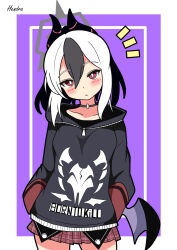 Rule 34 | 1girl, absurdres, arms at sides, black hair, black hoodie, blue archive, blush, border, closed mouth, contrapposto, cowboy shot, demon wings, dot nose, english text, halo, hands in pockets, head tilt, hendra, highres, hood, hood down, hoodie, horns, inset border, kayoko (blue archive), legs apart, long hair, long sleeves, looking at viewer, low wings, multicolored hair, notice lines, outside border, plaid, plaid skirt, pleated skirt, print hoodie, purple background, raised eyebrows, red eyes, red skirt, sidelocks, signature, simple background, skirt, solo, two-tone hair, white border, white hair, wings