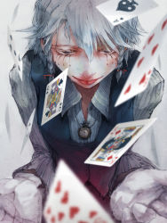 Rule 34 | 1girl, ace (playing card), ace of spades, androgynous, braid, card, eyelashes, face, floating card, female focus, foreshortening, gloves, hair ribbon, izayoi sakuya, jewelry, king (playing card), king of diamonds, lips, makeup, necklace, patchouli knowledge, playing card, pocket watch, queen (playing card), queen of clubs, ribbon, solo, spade (shape), touhou, uruo, watch
