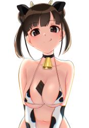 Rule 34 | 0:00, 1girl, :q, animal ears, animal print, bell, between breasts, bikini, black choker, breasts, brown eyes, brown hair, candy, chocolate, chocolate bar, choker, cleavage, closed mouth, commentary, cow ears, cow horns, cow print, cowbell, double bun, elbow gloves, food, gloves, hair bun, halterneck, highres, horns, idolmaster, idolmaster shiny colors, large breasts, licking lips, looking at viewer, navel, neck bell, new year, print bikini, print gloves, short hair, sidelocks, simple background, smile, solo, sonoda chiyoko, swimsuit, textless version, tongue, tongue out, upper body, v arms, white background, white bikini, white gloves