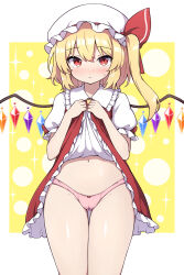 Rule 34 | 1girl, blonde hair, blush, cameltoe, cleft of venus, closed mouth, clothes lift, collar, cowboy shot, crystal, dress, dress lift, flandre scarlet, hair between eyes, hat, highres, lifted by self, long hair, looking at viewer, mob cap, navel, one eye closed, panties, pink panties, puffy short sleeves, puffy sleeves, red dress, red eyes, rizento, short sleeves, solo, touhou, underwear, white collar, white hat, wings