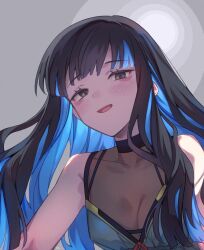 Rule 34 | 1girl, absurdres, bare shoulders, black hair, blue hair, breasts, cleavage, colored inner hair, dress, eyeliner, fate/grand order, fate (series), green dress, grey eyes, highres, long hair, looking at viewer, makeup, medium breasts, mitsurugi sugar, multicolored hair, open mouth, see-through, see-through cleavage, sidelocks, smile, solo, tenochtitlan (event portrait) (fate), tenochtitlan (fate)