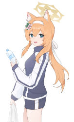 Rule 34 | 1girl, :d, absurdres, animal ear fluff, animal ears, black shorts, blue archive, blue eyes, bottle, cowboy shot, flower, gym uniform, hair flower, hair ornament, hair ribbon, hairband, halo, highres, holding, holding bottle, holding towel, jacket, long hair, long sleeves, looking at viewer, maoxian qiu wan maoxian, mari (blue archive), mari (track) (blue archive), multicolored clothes, multicolored jacket, open mouth, orange hair, ribbon, shorts, sidelocks, simple background, smile, solo, towel, track jacket, two-tone jacket, water bottle, white background, white hairband, white ribbon