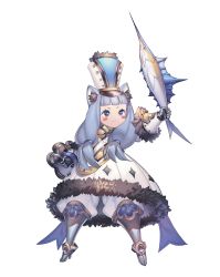 Rule 34 | 1girl, absurdres, animal, animal ear fluff, animal ears, arm up, armor, bell, blue eyes, blue hair, blue hat, blunt bangs, blush stickers, cacaco, cat ears, cat girl, closed mouth, dress, fang, fang out, fish, fur-trimmed dress, fur trim, gauntlets, greaves, hat, highres, holding, holding animal, holding fish, holding shield, holding weapon, light blue hair, long hair, multicolored clothes, multicolored hat, neck bell, original, shield, simple background, smile, solo, standing, weapon, white background, white dress, white hat