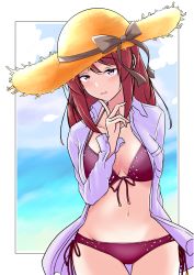 Rule 34 | 1girl, :o, absurdres, arm behind back, bikini, blurry, blurry background, blush, breasts, breasts apart, collarbone, cowboy shot, finger to cheek, groin, halterneck, hand up, hat, highres, idolmaster, idolmaster cinderella girls, large breasts, light smile, long sleeves, looking at viewer, midriff, mifune miyu, motodouryou, navel, ocean, open clothes, open shirt, outside border, panties, red hair, ribbon-trimmed bikini, shirt, side-tie bikini bottom, side-tie panties, solo, straw hat, swimsuit, thigh gap, thighhighs, underwear, white shirt