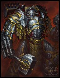 Rule 34 | 1boy, armor, breastplate, david haire, forgebreaker, full armor, gauntlets, hair tubes, hammer, helm, helmet, highres, holding, holding hammer, holding weapon, missile pod, pauldrons, perturabo, power armor, primarch, red eyes, rocket launcher, shoulder armor, signature, solo, tube, vambraces, war hammer, warhammer 40k, weapon, weapon on back