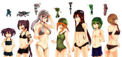Rule 34 | 1boy, 6+girls, absurdres, ander (at2.), ass, at2., bikini, black bikini, blush, brown eyes, brown hair, cave spider, closed mouth, collarbone, covered navel, creeper, criss-cross halter, cupa (at2.), enderman, green hair, green one-piece swimsuit, grey bikini, grey eyes, grey hair, hair bobbles, hair ornament, halterneck, halterneck, highres, long hair, looking at viewer, minecraft, multiple girls, navel, one-piece swimsuit, open mouth, personification, ponytail, purple eyes, purple hair, red eyes, short hair, short twintails, skeleton (minecraft), smile, spider (minecraft), swimsuit, twintails, villager (minecraft), yaebi (at2.), zombie (minecraft)