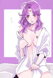 Rule 34 | 1girl, blush, breasts, celine jules, closed mouth, collarbone, facial mark, forehead mark, groin, heart, heart tattoo, highres, lipstick, long hair, makeup, medium breasts, purple hair, rorongaxx, solo, star ocean, star ocean the second story, sweat, tattoo