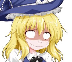 Rule 34 | 1girl, arc system works, blonde hair, forced smile, guilty gear, guilty gear xrd, hat, kanchou, kirisame marisa, oden (th-inaba), parody, portrait, ribbon, shirt, short hair, simple background, slayer, slayer (guilty gear), solo, style parody, sweatdrop, touhou, upper body, vest, white background, witch hat