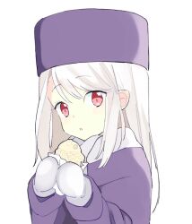 Rule 34 | 1girl, 87banana, coat, fate/stay night, fate (series), food, hair between eyes, hat, holding, holding food, illyasviel von einzbern, looking at viewer, mittens, purple coat, purple hat, red eyes, solo, taiyaki, wagashi, white hair