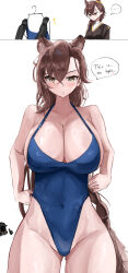 1girl absurdres animal_ears arknights blush braid breasts brown_hair cleavage clothes_hanger curvy doctor_(arknights) doubleuww1 extra_ears gluteal_fold hair_between_eyes highres holding huge_breasts large_breasts long_hair looking_at_viewer mole mole_above_eye navel one-piece_swimsuit penance_(arknights) sideboob simple_background solo sparkle speech_bubble swimsuit tail thick_thighs thighs wolf_ears wolf_girl wolf_tail yellow_eyes