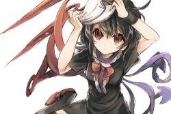 Rule 34 | 1girl, arms up, asymmetrical wings, bad id, bad twitter id, black dress, black hair, black thighhighs, bow, bowtie, dress, hat, hisona (suaritesumi), houjuu nue, looking up, md5 mismatch, red eyes, resized, sailor hat, shoes, short hair, short sleeves, simple background, sitting, slit pupils, solo, thighhighs, touhou, upper body, white background, wings