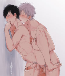 Rule 34 | 2boys, abs, against wall, anal, black hair, blush, censored, cum, ejaculating while penetrated, ejaculation, gintama, grey hair, hijikata toushirou, male focus, male penetrated, multiple boys, muscular, nude, open mouth, pectorals, penis, pubic hair, sakata gintoki, sex, short hair, sweat, testicles, yaoi