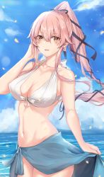 Rule 34 | 1girl, bikini, bikini top only, black ribbon, blue skirt, blush, breasts, brown eyes, cleavage, cloud, commentary, cowboy shot, english commentary, hair between eyes, hair ribbon, hand on own head, highres, holding, jenson tw, kantai collection, large breasts, long hair, long skirt, looking at viewer, navel, ocean, open mouth, pink hair, ponytail, ribbon, sarong, skirt, sky, smile, solo, stomach, swimsuit, very long hair, white bikini, yura (kancolle)