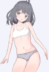 1girl ahoge bow bow_panties bra commentary cowboy_shot crotch_seam gluteal_fold grey_eyes grey_hair grey_panties head_tilt highres looking_at_viewer medium_hair navel open_mouth original panties polka_dot polka_dot_panties shooko solo standing thigh_gap training_bra underwear underwear_only white_bra