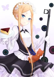 Rule 34 | 1girl, abigail williams (fate), abigail williams (festival outfit) (fate), alternate costume, black skirt, blonde hair, blue eyes, blush, braid, breasts, bug, butterfly, cake, closed mouth, dress, enmaided, fate/grand order, fate (series), food, forehead, french braid, frills, hei kuang jun, heroic spirit festival outfit, highres, insect, keyhole, long hair, long sleeves, looking at viewer, maid, maid headdress, mop, official alternate costume, parted bangs, plate, sash, skirt, sleeves past fingers, sleeves past wrists, small breasts, smile, solo, stuffed animal, stuffed toy, teddy bear, very long hair, white background, white dress