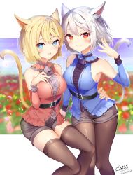 Rule 34 | 2girls, absurdres, animal ear fluff, animal ears, arm up, armpits, bare shoulders, belt, blonde hair, blue eyes, blue shirt, blurry, blurry background, blush, breasts, brown legwear, cat ears, cat girl, cat tail, chess11, commission, detached sleeves, final fantasy, final fantasy xiv, flower, grey shorts, hand on another&#039;s hip, hand on own chest, highres, large breasts, long sleeves, looking at viewer, medium breasts, miqo&#039;te, multiple girls, open mouth, pantyhose, pink shirt, red eyes, red shirt, shirt, short hair, short shorts, shorts, signature, sitting, skeb commission, smile, tail, thigh gap, thighhighs, thighs, warrior of light (ff14), white hair