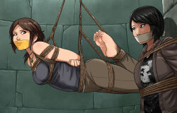 Rule 34 | 2girls, arms behind back, asian, ass, barefoot, bdsm, black hair, bondage, bound, bound ankles, bound wrists, breasts, brown eyes, brown hair, cloth gag, gag, gagged, highres, hogtie, improvised gag, lara croft, looking at another, lost one zero, medium breasts, multiple girls, over the mouth gag, samantha nishimura, tape, tape gag, tomb raider, tomb raider (reboot)