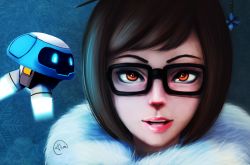 Rule 34 | 1girl, artist name, beads, black-framed eyewear, brown eyes, brown hair, coat, drone, floating, fur-trimmed jacket, fur coat, fur trim, glasses, hair bun, hair ornament, hair stick, jacket, looking at viewer, machinery, mei (overwatch), nose, nyaacaal, open mouth, overwatch, overwatch 1, parka, pink lips, portrait, robot, short hair, sidelocks, signature, single hair bun, snowball (overwatch), snowflake hair ornament, solo, swept bangs, teeth, tongue, upper body, winter clothes, winter coat