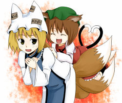 Rule 34 | 2girls, :d, animal ears, animal hat, bad id, bad pixiv id, blonde hair, blush, brown hair, cat, cat ears, cat tail, chen, china dress, chinese clothes, closed eyes, dress, female focus, fox, fox ears, fox tail, green eyes, hat, heart, heart tail, long sleeves, mob cap, multiple girls, open mouth, mob cap, ribbon, roas, short hair, smile, tail, touhou, wide sleeves, yakumo ran