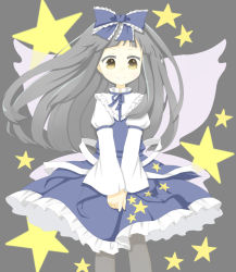 Rule 34 | 1girl, bad id, bad pixiv id, capelet, dress, ellipsis (mitei), fairy wings, grey background, grey hair, grey pantyhose, juliet sleeves, long hair, long sleeves, looking at viewer, pantyhose, puffy sleeves, ribbon, skirt hold, smile, solo, star (symbol), star print, star sapphire, starry background, touhou, v arms, wind, wings, yellow eyes