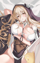 Rule 34 | 1girl, absurdres, arm behind head, arm under breasts, azur lane, bare shoulders, between breasts, black dress, black gloves, blonde hair, breast cutout, breasts, cleavage, covered navel, dress, fake horns, framed breasts, gloves, habit, hair between eyes, half gloves, highres, horns, implacable (azur lane), large breasts, long hair, looking at viewer, manjuu (azur lane), nun, pelvic curtain, red eyes, revealing clothes, see-through, solo, thighhighs, tns-yoru, veil, very long hair, white horns, white thighhighs