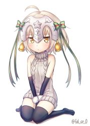 Rule 34 | 1girl, :/, ahoge, alternate costume, aran sweater, backless dress, backless outfit, bell, between legs, black gloves, black thighhighs, blonde hair, blush, cable knit, chibi, closed mouth, commentary request, dress, elbow gloves, fal (fal-se-0), fate/grand order, fate (series), full body, gloves, green ribbon, hair ribbon, halterneck, hand between legs, headpiece, jeanne d&#039;arc (fate), jeanne d&#039;arc alter (fate), jeanne d&#039;arc alter santa lily (fate), jitome, looking at viewer, meme attire, ribbed sweater, ribbon, short hair, simple background, sitting, solo, striped ribbon, sweater, sweater dress, thighhighs, turtleneck, turtleneck sweater, twitter username, v arms, virgin killer sweater, wariza, white background, yellow eyes