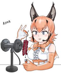 1girl animal_ears asmr binaural_microphone blush bow bowtie breasts caracal_(kemono_friends) cat_ears cat_girl center_frills cowboy_shot elbow_gloves firecrackers flipped_hair frills gloves grey_eyes holding holding_lighter kemono_friends kemono_friends_v_project lighter medium_bangs medium_breasts microphone open_mouth orange_bow orange_bowtie orange_gloves orange_hair saja_(166j357) shirt short_hair simple_background sleeveless sleeveless_shirt smile solo virtual_youtuber white_background white_shirt