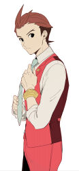 Rule 34 | 1boy, ace attorney, adjusting clothes, adjusting necktie, antenna hair, apollo justice, aqua necktie, black eyes, bracelet, brown hair, buttons, closed mouth, collared shirt, cowboy shot, forked eyebrows, formal, from side, hand up, highres, jewelry, lapel pin, lapels, looking at viewer, male focus, necktie, pants, red pants, red suit, red vest, shirt, short hair, simple background, sleeves rolled up, solo, split mouth, suit, takigi, vest, white background, white shirt