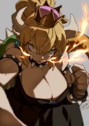 Rule 34 | 1girl, aiming, aiming at viewer, angry, armlet, black dress, blonde hair, blue eyes, blurry, blurry background, bowsette, bracelet, breasts, breath weapon, breathing fire, brooch, cleavage, clenched hand, collar, crown, dress, earrings, fangs, fangs out, fire, hair between eyes, highres, horns, huge breasts, jewelry, kionaoki, light, long hair, looking at viewer, mario (series), new super mario bros. u deluxe, nintendo, ponytail, pov, pov hands, sharp teeth, sidelocks, signature, slit pupils, solo, spiked armlet, spiked bracelet, spiked collar, spiked shell, spikes, strapless, strapless dress, super crown, tail, teeth, thick eyebrows, veins