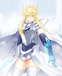 Rule 34 | 1girl, absurdres, ahoge, armor, artoria pendragon (fate), artoria pendragon (lancer) (fate), bare shoulders, blonde hair, blue gloves, blue leotard, blush, braid, cape, cosplay, crossover, crown, fate/grand order, fate (series), french braid, fur-trimmed cape, fur trim, gloves, green eyes, hair between eyes, highres, holding, holding sword, holding weapon, horns, huge filesize, kamen rider, kamen rider blades, kamen rider blades (cosplay), kamen rider saber (series), leotard, long hair, looking at viewer, reiei 8, rider-tan, servant (fate), sidelocks, single horn, solo, swept bangs, sword, thighhighs, weapon, white thighhighs