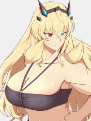 Rule 34 | 1girl, bandeau, bare shoulders, biceps, blonde hair, blue eyes, breasts, cleavage, collarbone, drill bulbul, barghest (fate), fate/grand order, fate (series), heterochromia, highres, horns, large breasts, long hair, muscular, muscular female, navel, red eyes, resolution mismatch, solo, source larger