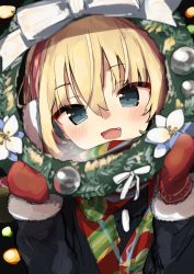 Rule 34 | 1girl, black coat, blonde hair, blue eyes, blush, bob cut, bow, breath, christmas, christmas ornaments, coat, commentary, fang, flower, fur-trimmed sleeves, fur trim, gingerbullet, girls und panzer, green scarf, highres, holding, holding wreath, katyusha (girls und panzer), long sleeves, looking at viewer, mittens, multicolored clothes, multicolored scarf, open mouth, red mittens, red scarf, scarf, short hair, smile, solo, upper body, white bow, white flower, wreath