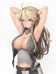 Rule 34 | 10s, 1girl, adapted costume, armpits, arms behind head, bad id, bad nicoseiga id, belt, blonde hair, blue eyes, breasts, cleavage, detached collar, garter straps, highres, iowa (kancolle), kantai collection, large breasts, long hair, looking at viewer, navel, siesta (artist), simple background, solo, star-shaped pupils, star (symbol), symbol-shaped pupils