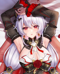 Rule 34 | 1girl, armpits, arms up, blush, breasts, chinese commentary, cleavage, commentary, commentary request, dakimakura (medium), detached sleeves, dress, earrings, flower, frilled sleeves, frills, hair between eyes, hair ornament, highres, honkai (series), honkai impact 3rd, jewelry, jg&amp;solin, large breasts, long hair, long sleeves, looking at viewer, theresa apocalypse (luna kindred), lying, on back, parted lips, petals, red eyes, red flower, red rose, rose, solo, theresa apocalypse, theresa apocalypse (lunar vow: crimson love), upper body, white hair