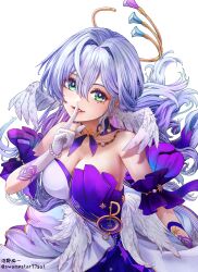 Rule 34 | absurdres, bare shoulders, breasts, cleavage, commentary, detached sleeves, dress, finger to mouth, green eyes, grin, hair intakes, halo, hand up, head wings, highres, honkai: star rail, honkai (series), index finger raised, long hair, looking at viewer, numataromomon, purple hair, robin (honkai: star rail), short sleeves, simple background, smile, strapless, strapless dress, upper body, very long hair, white background, white dress, wings