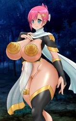 Rule 34 | absurdres, bottomless, breasts, covered erect nipples, covered pussy, estellise sidos heurassein, forest, highres, huge breasts, large breasts, nature, night, outdoors, pink.s, pink hair, princess, revealing clothes, short hair, tales of (series), tales of vesperia, thick thighs, thighhighs, thighs, wide hips