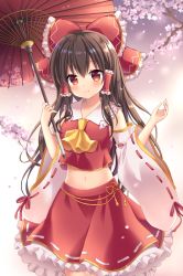 Rule 34 | 1girl, ascot, bare shoulders, blush, bow, branch, brown hair, cherry blossoms, commentary request, cowboy shot, crop top, detached sleeves, frilled bow, frilled shirt collar, frills, gradient background, hair between eyes, hair bow, hair tubes, hakurei reimu, holding, holding umbrella, long hair, long sleeves, looking at viewer, mayo (miyusa), midriff, navel, oil-paper umbrella, petals, petticoat, pink background, purple background, red bow, red eyes, red skirt, red umbrella, ribbon-trimmed skirt, ribbon-trimmed sleeves, ribbon trim, sidelocks, skirt, smile, solo, standing, stomach, touhou, umbrella, white background, wide sleeves, yellow ascot
