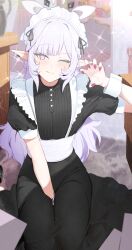 Rule 34 | 1girl, alternate costume, black dress, blue archive, blush, claw pose, closed mouth, dress, enmaided, fingernails, halo, highres, himari (blue archive), indoors, long hair, maid, maid headdress, mole, mole under eye, nail polish, one eye closed, pointy ears, purple eyes, purple halo, red nails, short sleeves, solo, sparkle, white hair, wrist cuffs, zanya 000