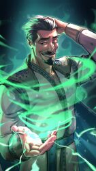 Rule 34 | 1boy, aerokinesis, beard, blue eyes, cape, coat, colored skin, dark background, facial hair, green background, green lightning, grey hair, hand up, highres, lightning, looking at viewer, male focus, mature male, mustache, one eye closed, short hair, smile, solo, solo focus, teeth, thick eyebrows, thick mustache, tobo katsuo, white skin, wind, wish (disney)