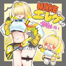 Rule 34 | :d, ahoge, black gloves, black sports bra, blonde hair, blush, blush stickers, breasts, chibi, clothing cutout, crop top, crop top overhang, cropped sweater, elegg (nikke), exposed pocket, gloves, goddess of victory: nikke, grey shorts, hair intakes, hair over eyes, highres, hinyari shiitake, large breasts, long bangs, long sleeves, micro shorts, multicolored clothes, multicolored gloves, multicolored hair, navel, open mouth, short hair, shorts, shoulder cutout, smile, sports bra, suspender shorts, suspenders, thigh strap, thighs, two-tone hair, v, yellow gloves