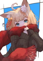 Rule 34 | 1girl, ahoge, animal ears, bell, black sweater, blonde hair, blue background, blue eyes, covering own mouth, hair bell, hair ornament, highres, jingle bell, long sleeves, looking at viewer, nyucha, original, red scarf, scarf, short hair, solo, sweater, two-tone background, upper body, white background, x hair ornament