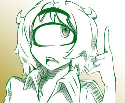 Rule 34 | 1girl, cyclops, gradient background, green theme, hairband, index finger raised, looking up, monochrome, multiple monochrome, one-eyed, open mouth, original, simple background, sketch, solo, upper body, yakochu